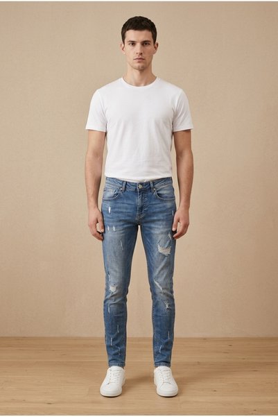 OEM Blugi barbati casual regular fit prespalati cu rupturi decorative si zgar...