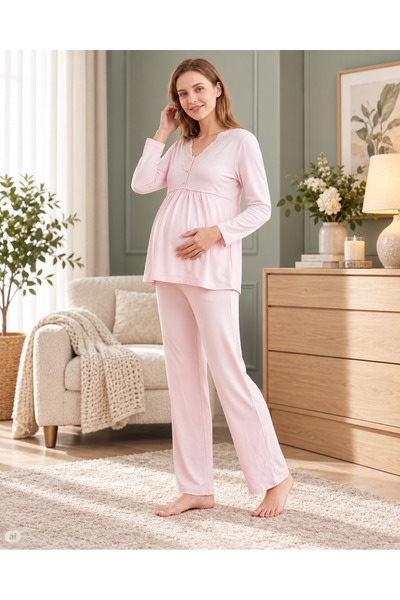 FLZ Maternity Viscose Pajama Set Long Sleeve Lace Detailed Breastfeeding Compatible 25-15
