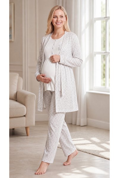 FLZ Women's Maternity 3-Piece Viscose Pajama Set with Robe Long Sleeve Hospital Release m L XL XXL 31-152