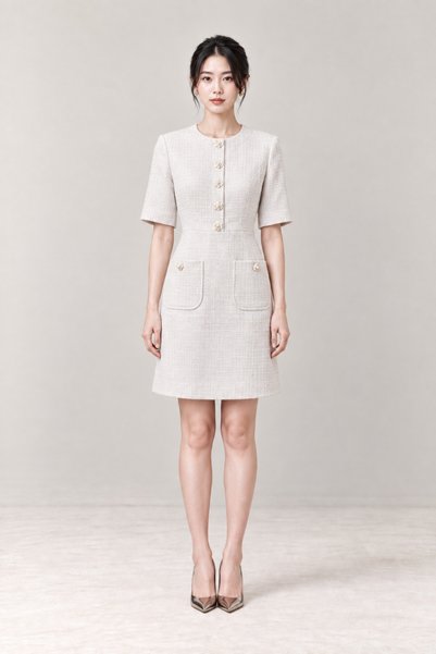 2TRENDY Women's Off White Mini Dress with Round Neckline and Rose Buttons and Two Front Pockets
