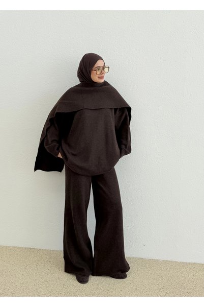 MODA AKSA ATKILI TRİKO TAKIM KAHVERENGİ