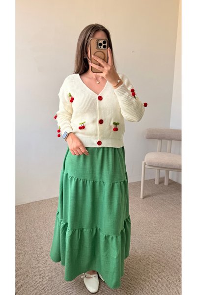 Hepsi Moda Cherry V-Neck Knitwear Cardigan - Ecru