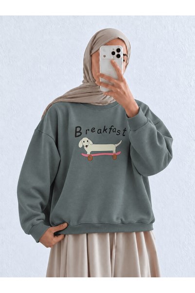 Hepsi Moda Dog-Themed Three-Strand Sweatshirt - Light Turquoise