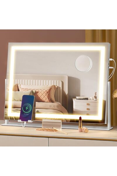 SONGMICS Oglindă de machiaj cu LED, 3 culori de lumină, suport pentru telefon...