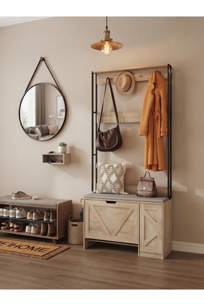 Sukoon Modern Hall Tree with Upholstered Shoe Bench, Coat Hooks, and Storage ...