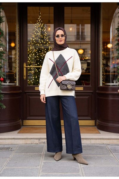 Aselim Hijap Moda Tricotaj cu model Baklava, pulover moale, crem
