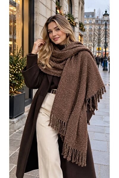 MARBERRY Coffee Shiny Glittery Tasseled Puff Thick Women's Scarf Shawl 45X180 cm