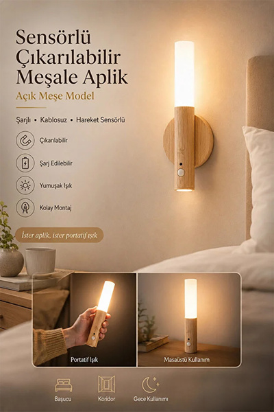 AYACO Sensörlü Şarjlı Meşale Aplik Kablosuz LED Duvar Lambası Çıkarılabilir Dekoratif Gece Işığı WB-3022
