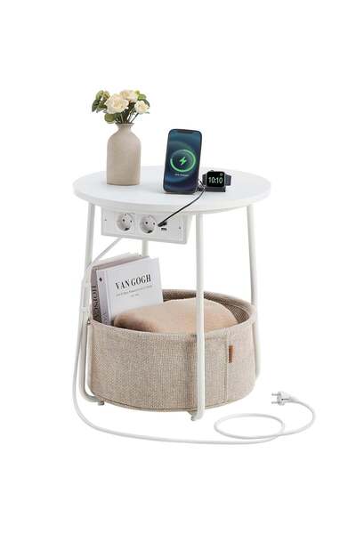 VASAGLE Măsuță de cafea rotundă cu coș din material textil, 2 prize și 2 port...
