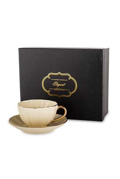 DecoDepot Mug and saucer set, porcelain, cream/gold