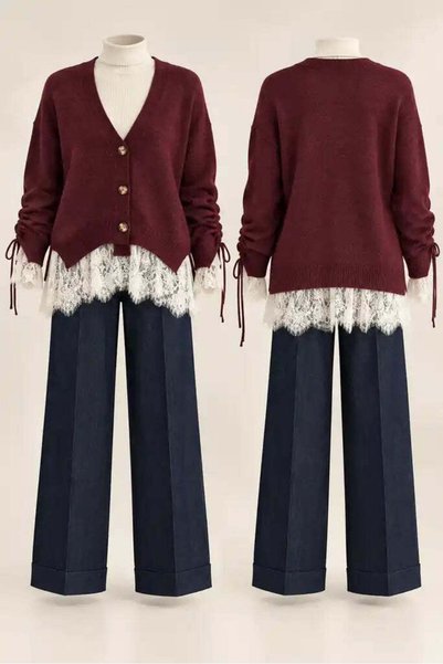 Aselim Hijap Moda Dantel Detaylı Yumoş Triko Hırka Bordo