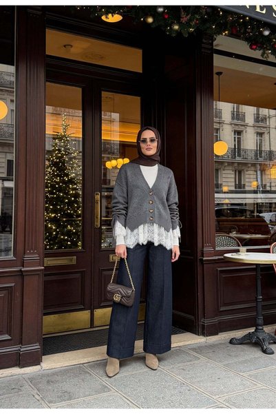 Aselim Hijap Moda Dantel Detaylı Yumoş Triko Hırka Gri