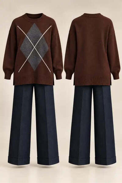 Aselim Hijap Moda Baklava Patterned Knitwear Soft Sweater Brown