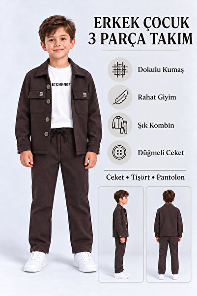 AHENGİM Stylish Boys' 3-Piece Clothing Set: Jacket, Printed T-Shirt and Pants Set Ak6218