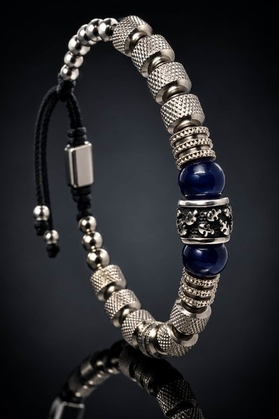 OSMANLI GÜMÜŞ Men's Steel Bracelet Blue Stone Steel Beaded Adjustable Drawstr...