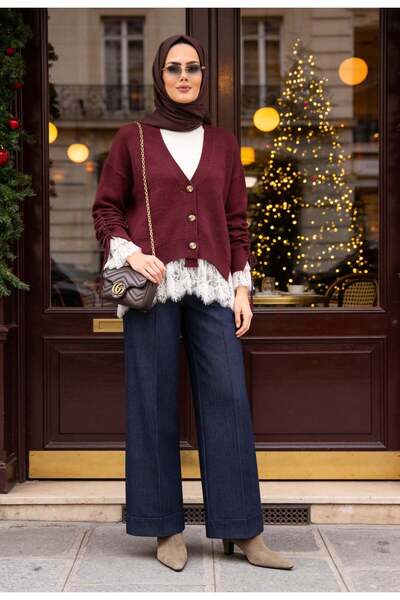 Aselim Hijap Moda Dantel Detaylı Yumoş Triko Hırka Bordo