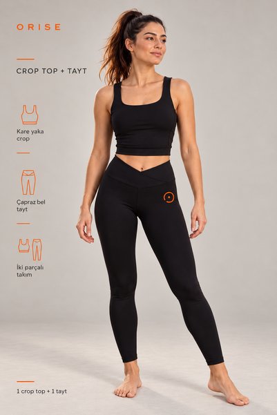 Kadın Siyah Çıkarılabilir Göğüs Pedli Crop Üst ve Yüksek Bel V Kesim Tayt Spor Takım
