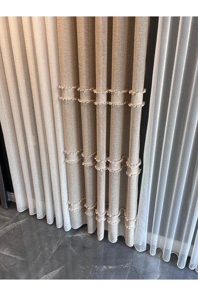 birton Linen Tulle Curtain with Curly Ribbon Detail |   Beige |   1X3 Dense Pleat |   Modern Textured Curtain