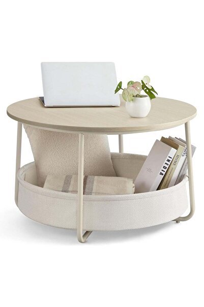 VASAGLE Măsuță de cafea rotundă cu coș din material textil, stil modern, 45x7...