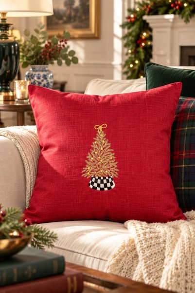 Pilloveland Premium bestickter Kissenbezug – Artdeco Red Pine Tree – 43*43 cm...