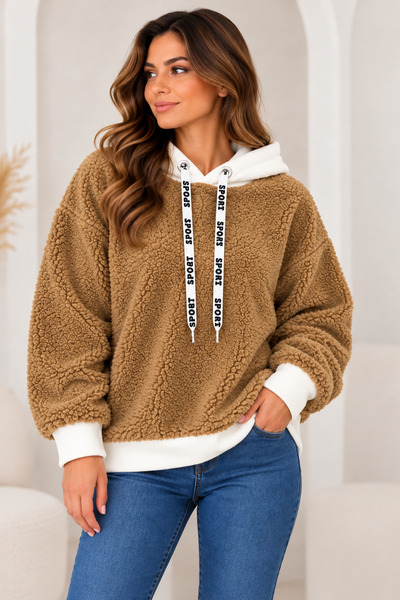CNR TEKSTİL Women's Plush Textured Hooded Oversize Sweatshirt
