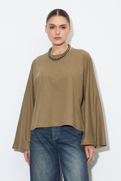 Zeyyen Yarasa Kol Oversize Bluz Haki