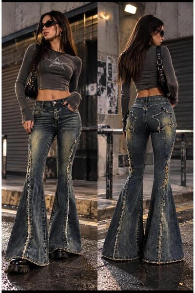 eyonnwear Pantaloni din denim cu picior evazat, stil Y2K Grunge, cu broderie ...