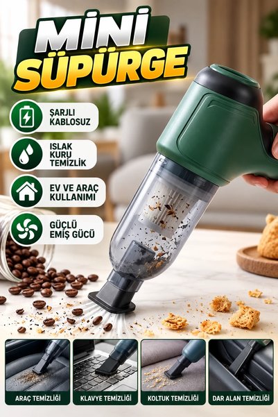 canrodi Şarjlı Mini El Süpürgesi Kablosuz Islak Kuru Temizlik Araç ve Ev Kull...