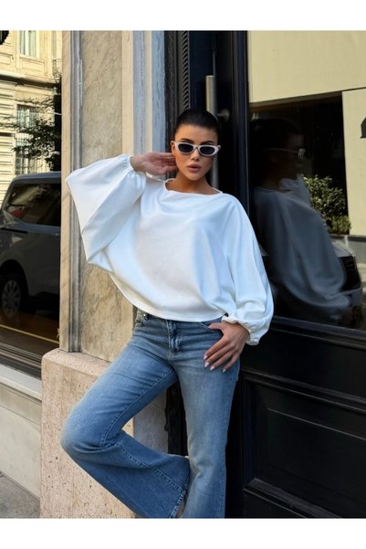 LE CARAMBOLE Women's White Boat Neck Bat Sleeve Oversize Modal Blouse