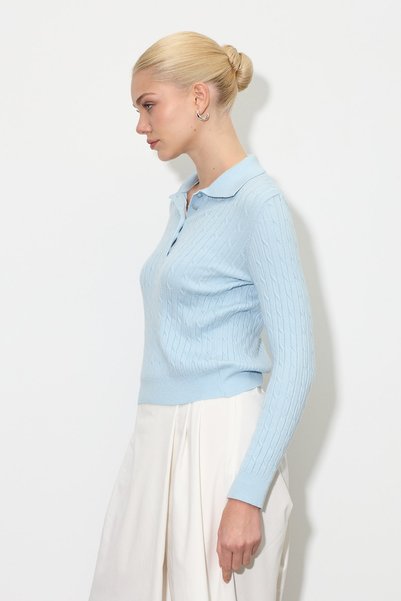 Zeyyen Polo Yaka Balık Sırtı Triko Bluz Bebe Mavisi