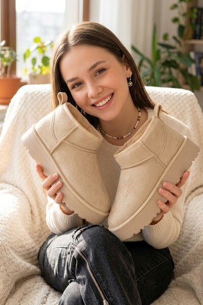 Zerenyus Zri̇n-2850 Premium Classic Style Beige Suede Winter Women's Mini Boo...