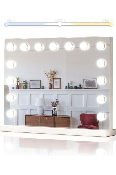 aquamarin Oglindă cosmetică LED cu 3 culori, senzor tactil, ramă MDF albă, 58...