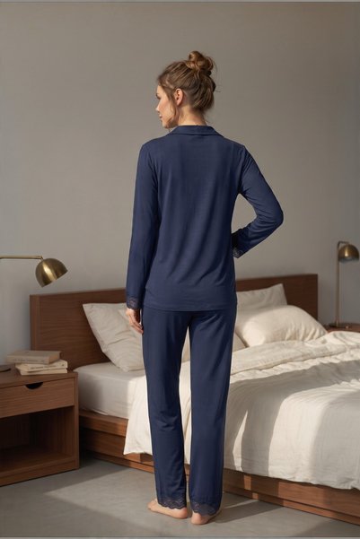 Miss Dünya Lissa Veloria Shirt Collar Lace Embroidered Maternity and Postpartum Pajama Set