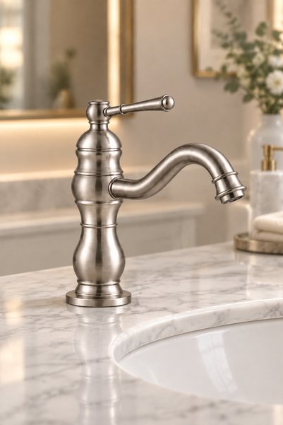 İSAOĞLU YAPI Mat Krom Retro Lavabo Bataryası Fırçalanmış Nikel Rustik Lavabo Armatürü Pirinç Materyal