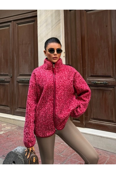 LE CARAMBOLE Women's Pink Zippered Oversize Plush Sweatshirt