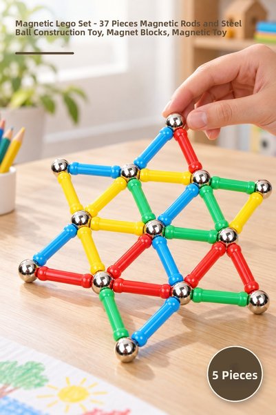 Yenilig 5 Pieces Magnetic Lego Set – 37 Pieces Magnetic Sticks and Steel Ball...