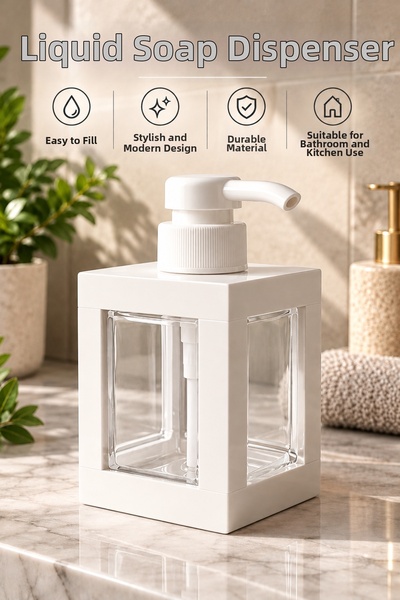 DOVİHOME Dozator de săpun lichid pătrat cu recipient transparent, alb, 400 ml