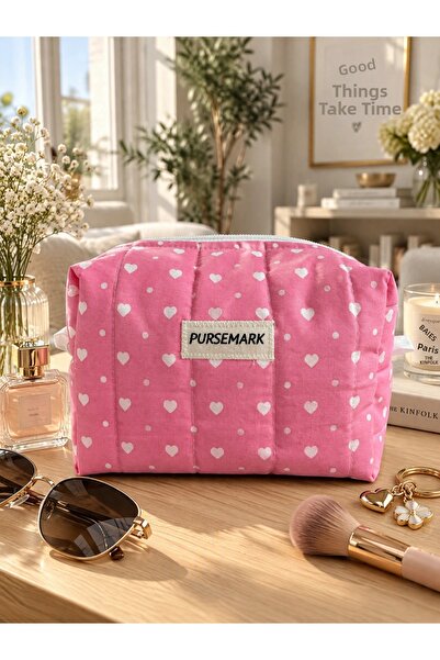 PURSEMARK Pink Heart Patterned Quilted Handmade (Medium Size) Makeup Bag – Tr...