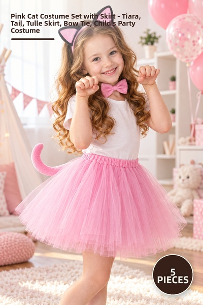 Yenilig 5-Piece Pink Cat Costume Set with Skirt – Crown, Tail, Tutu Skirt, Bo...