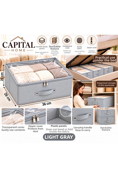 Capital Home منظم متعدد الأغراض يوضع تحت السرير + صندوق تخزين شفاف مغلق + صندوق تخزين صغير الحجم بسحاب 35 × 26 × 20 سم
