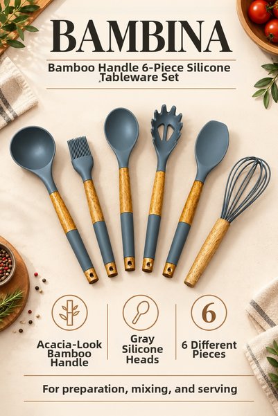 KLARHAUS Bambi̇na 6-Piece Bamboo Handle Acacia Look Silicone Kitchen Serving Set (Gray / Black / White)