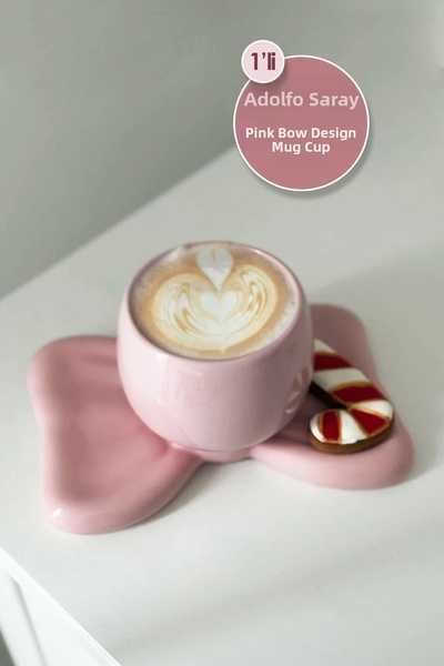 Hausette 1 Pc Handmade Ceramic Pink Bow Mug with Saucer – Designer Coffee Cup
