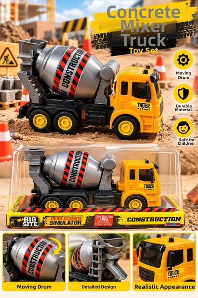 EVENT Toy Concrete Mixer Truck Set Yellow Black Construction Vehicle Kids Toy...