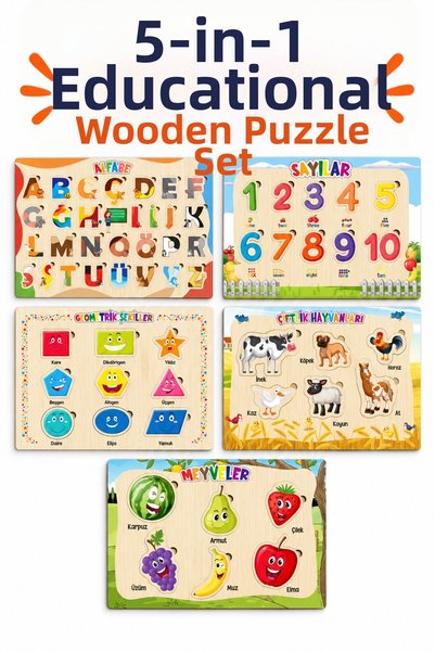 212toyzz Wooden Educational Learning Puzzle Set of 5 – Alphabet, Numbers, Geo...
