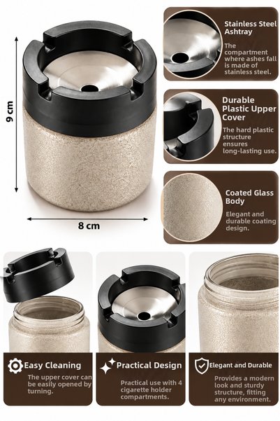 DOVİHOME Decorative Coated Glass Ashtray – with Metal Container, 4 Compartments