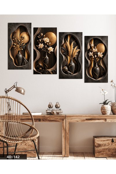 Evinemoda Textured Appearance Flowers in Vase and Gold Moon 4-Piece Mdf Table