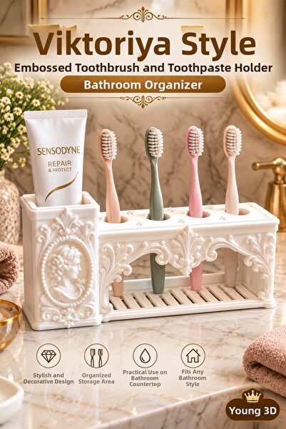 Genç 3D Victorian Style Embossed Toothbrush Holder and Toothpaste Stand Bathr...