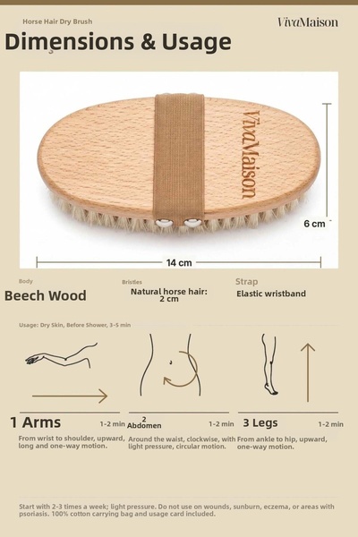 vivamaison Horsehair Dry Body Brush Beechwood Exfoliating Brush with Strap