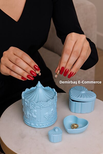 Demirbaş Home Pastel Blue - Carousel Design Jewelry Box and Set of 3 Heart-Sh...