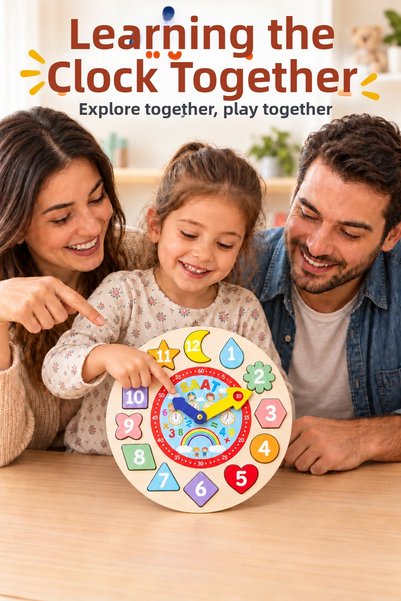212toyzz Wooden Educational Clock 26 cm – Geometric Shaped Puzzle, Number and Time Learning Toy for Children